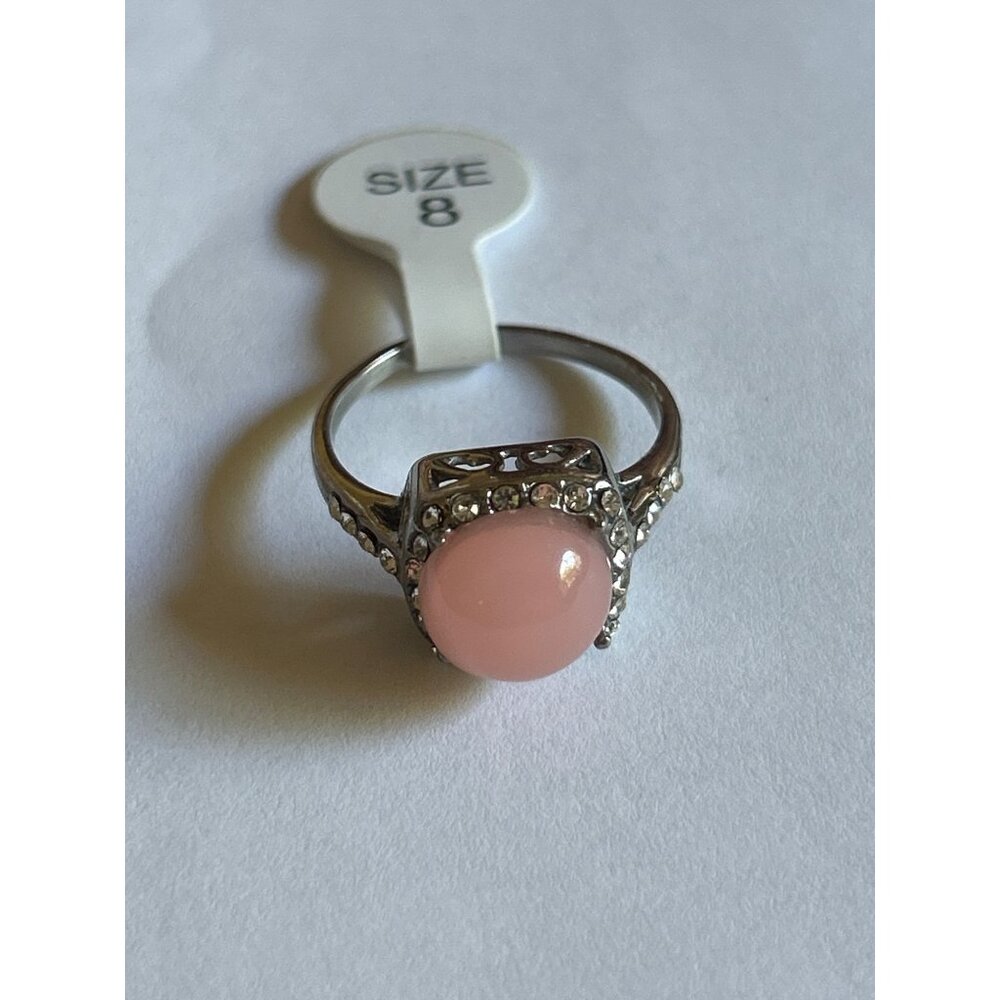 Pink Faux Pearl & Crystal Silver Tone Ring Size 8
